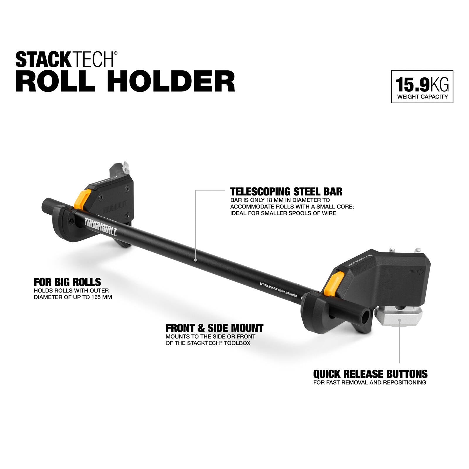 ToughBuilt StackTech Roll Holder - 18mm Telescoping Steel Bar for Spools