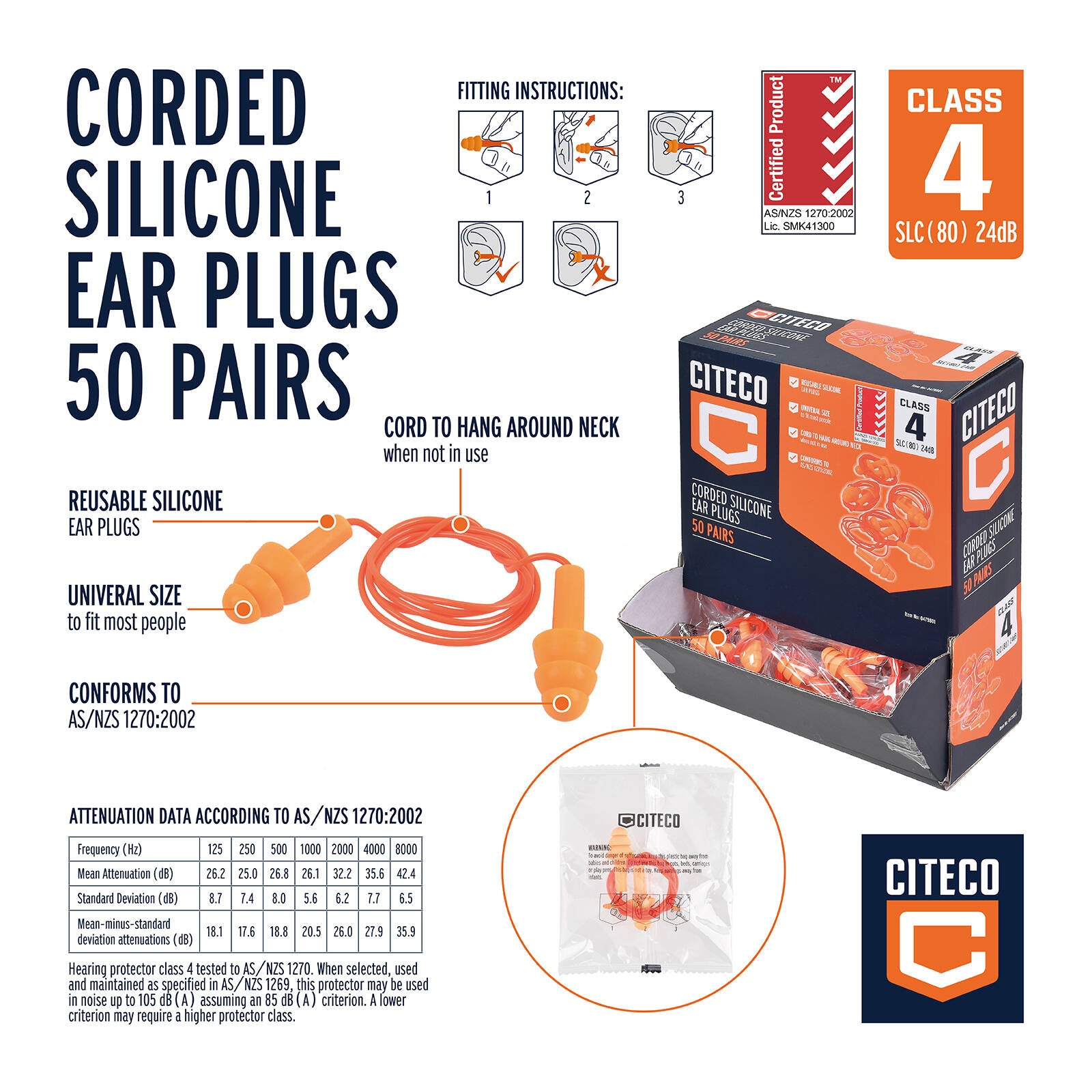 Citeco Class 4 Corded Silicone Ear Plugs 50 Pairs Reusable