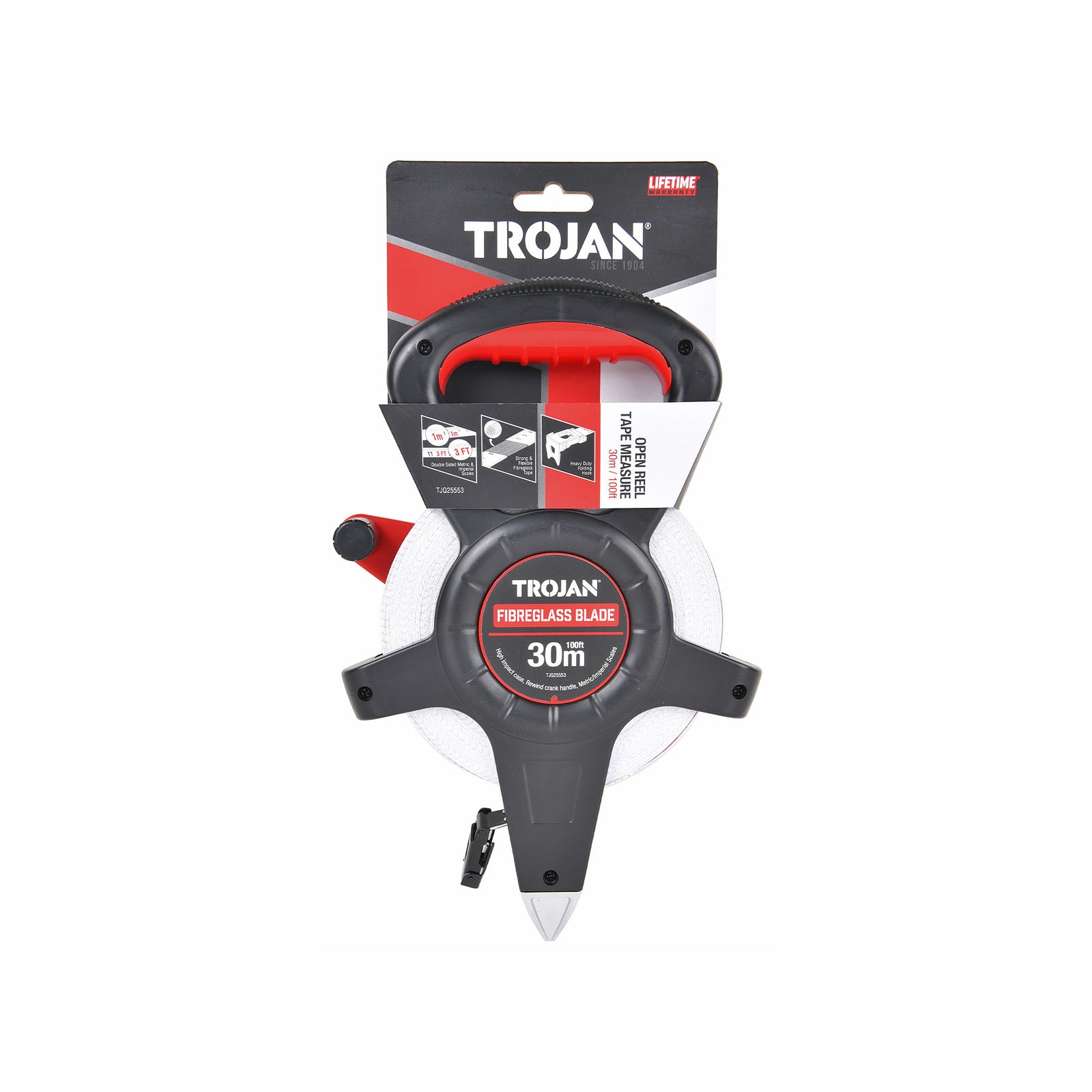 Trojan 30m Open Reel Tape Measure, Double-Sided Metric & Imperial Scale