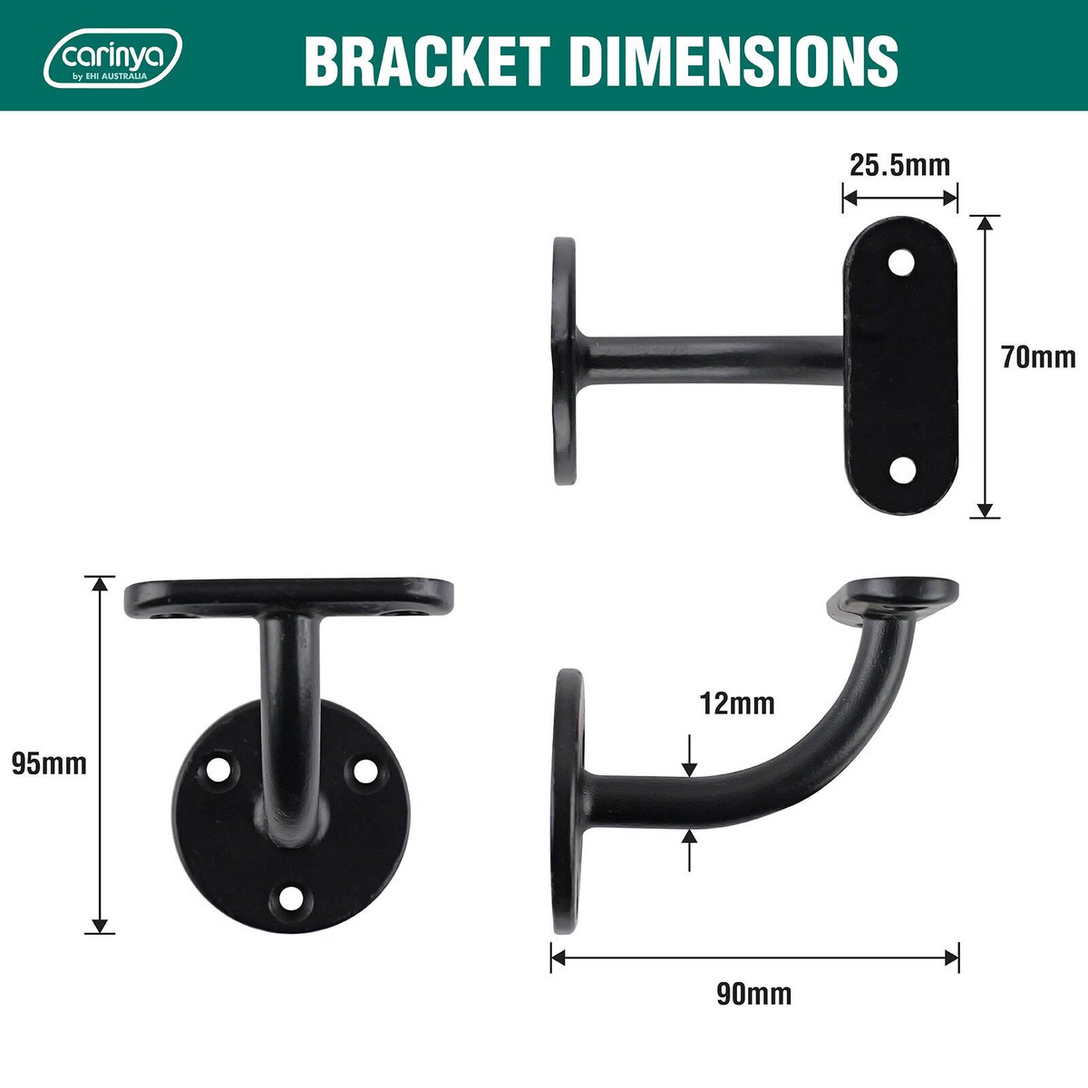 Carinya 70 x 90 x 95mm Black Steel Flat Top Curved Handrail Bracket