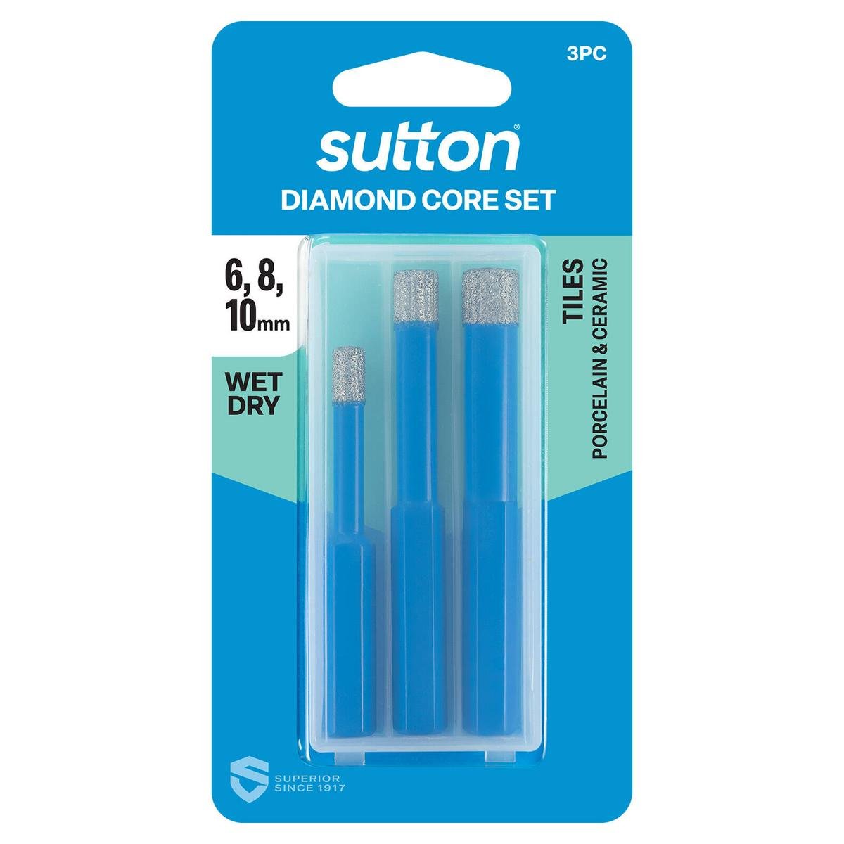 Sutton Tools Diamond Core Drill Bit Set 6, 8 & 10mm, Wet & Dry Tile, 3 Piece