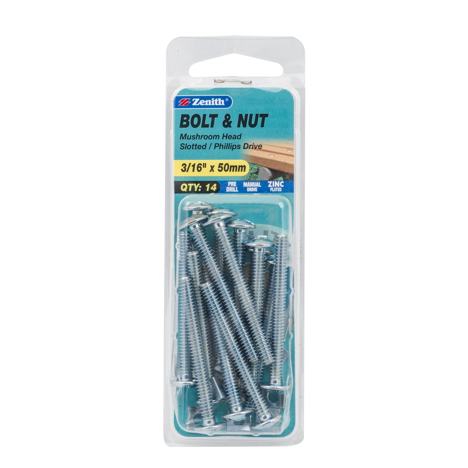 Zenith 3/16" x 50mm Zinc Plated Mushroom Head Bolt and Nut - 14 Pack