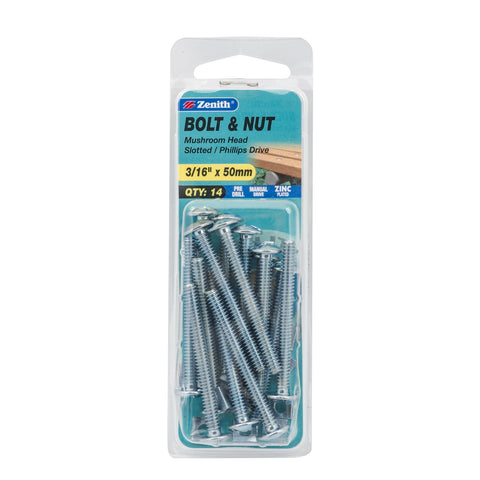 Zenith 3/16" x 50mm Zinc Plated Mushroom Head Bolt and Nut - 14 Pack