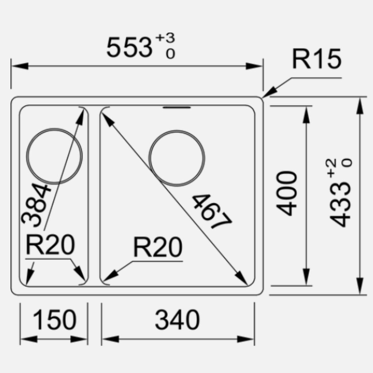 Franke Maris left 1 and 1/2 bowl undermount sink - Onyx - extension drainer - MRG160SBLON-FPC