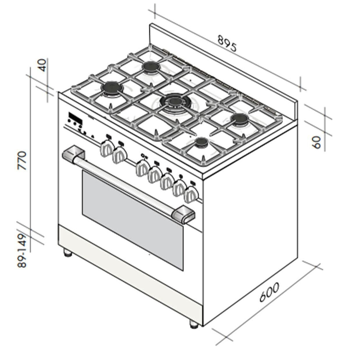 Artusi 90cm dual fuel freestanding oven - Stainless Steel, 5 gas burners, triple glazed door - CAFG90X