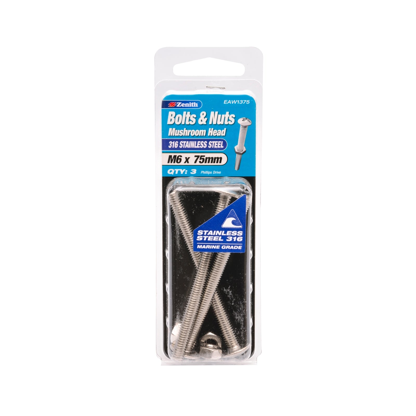 Zenith M6 x 75mm 316 Stainless Steel Mushroom Head Bolt and Nut 3 Pack