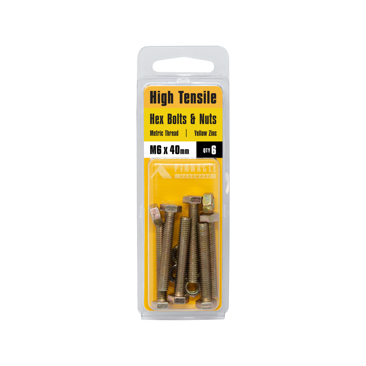 Pinnacle 6 x 40mm Yellow Zinc Hi Tensile Hex Bolt and Nut 6 Pack