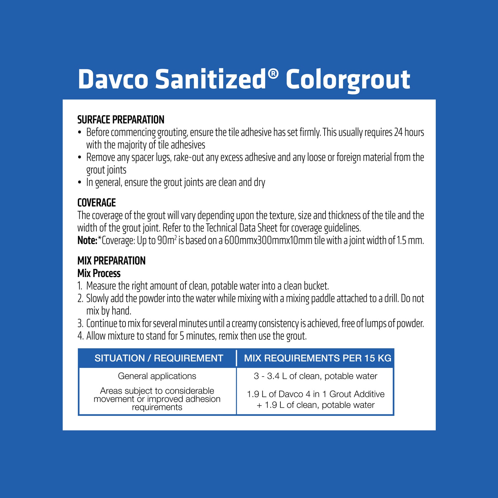 Davco 1.5kg White #01 Sanitized Colourgrout - Cement Based, Mould Resistant, Wall & Floor