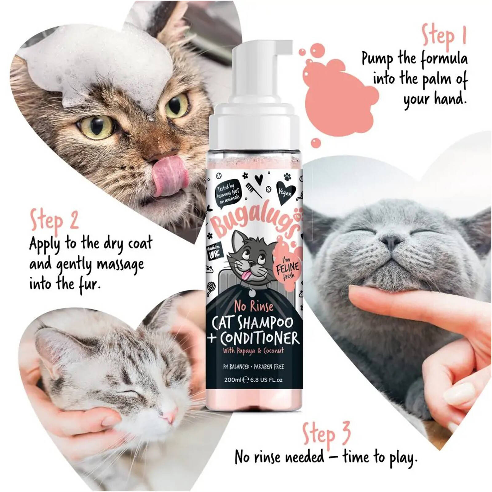 Bugalugs No Rinse Cat Shampoo and Conditioner 200ml, Papaya & Coconut