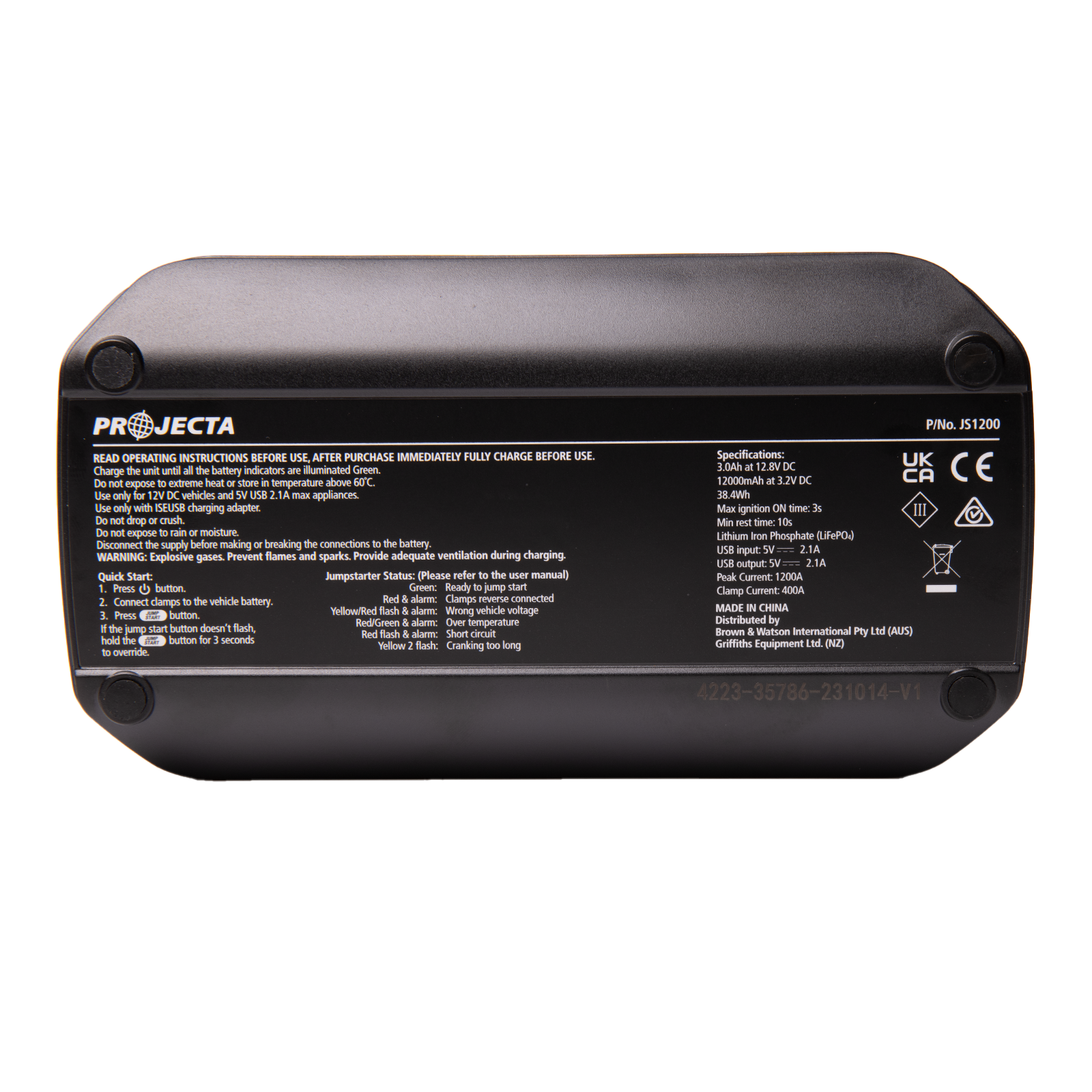 Projecta 12V 1200A Lithium Jumpstarter JS1200 in Black with LED Light and USB Power Bank