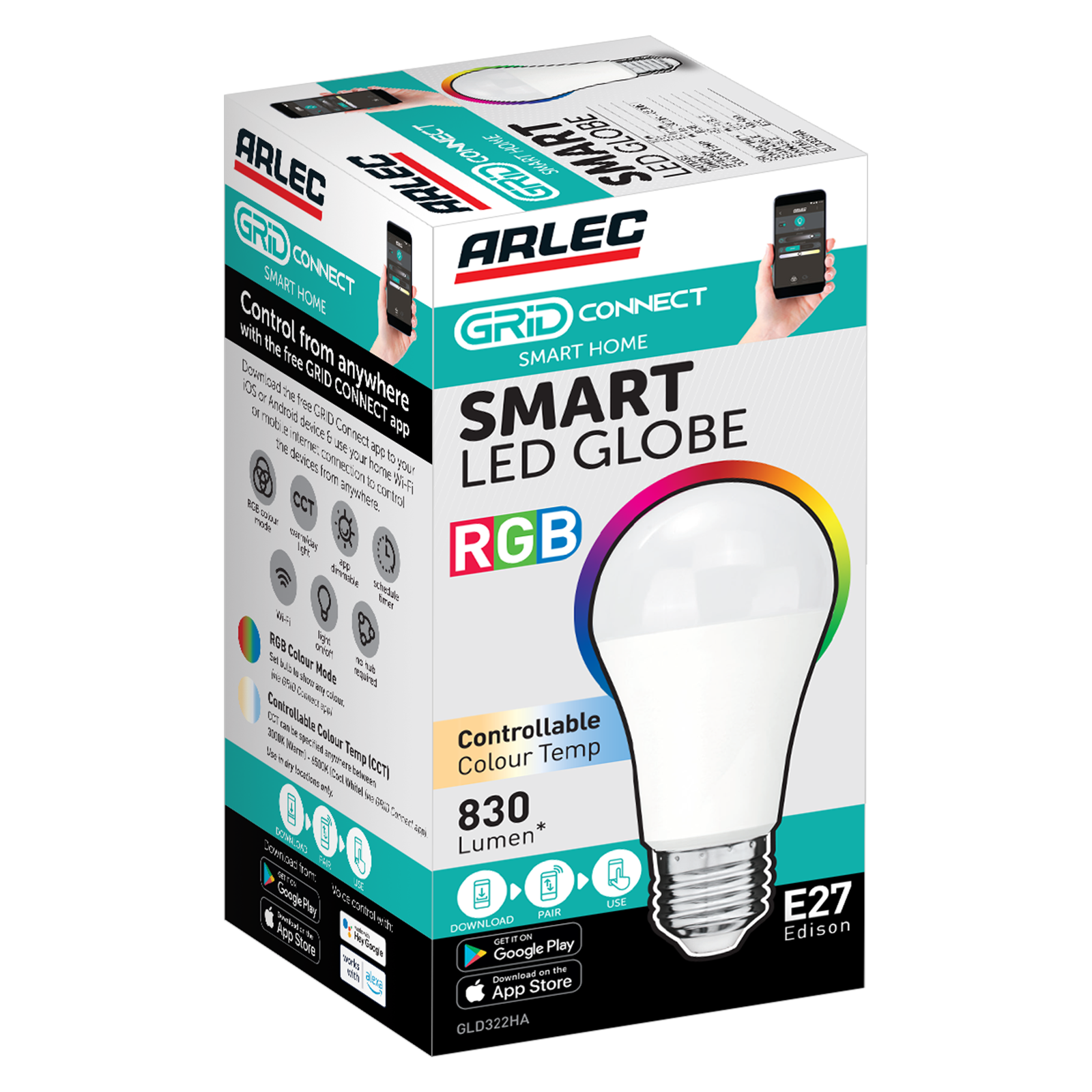 Arlec E27 LED 10W RGB CCT Colour Smart Globe 830lm 4 Pack