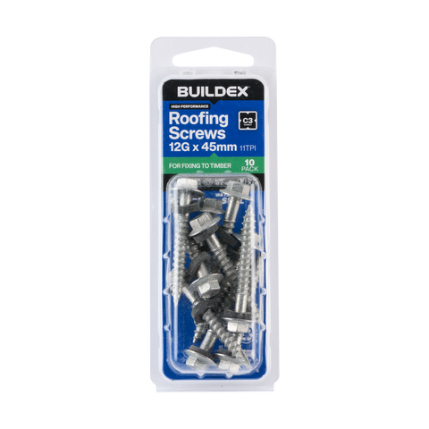 Buildex 12G x 45mm Class 3 Roofing Screws with Seal, Type 17 Hex Head - 10 Pack