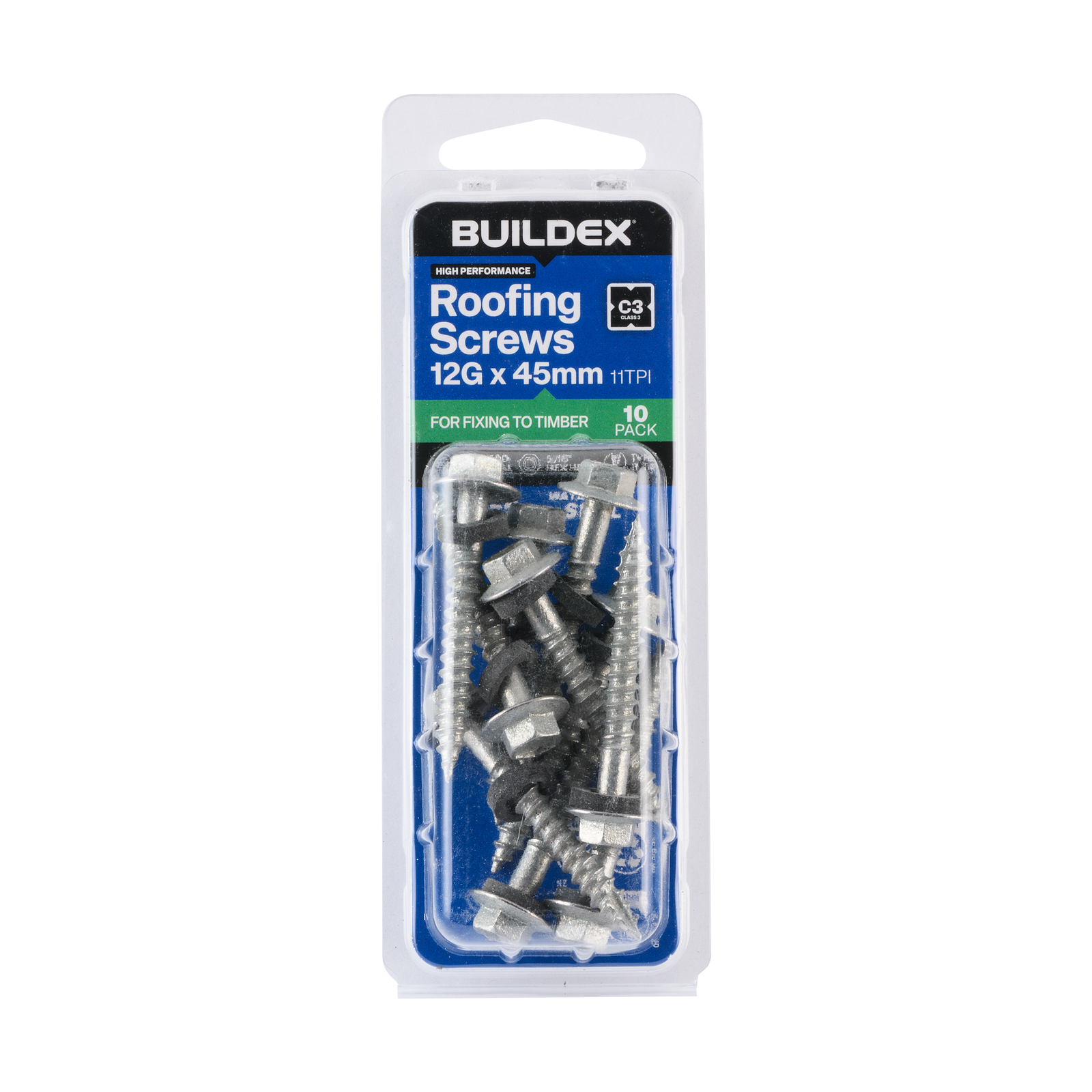 Buildex 12G x 45mm Class 3 Roofing Screws with Seal, Type 17 Hex Head - 10 Pack