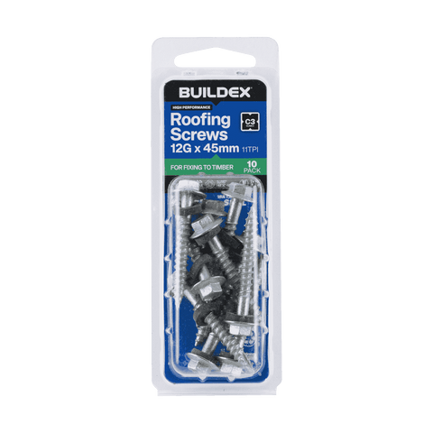 Buildex 12G x 45mm Class 3 Roofing Screws with Seal, Type 17 Hex Head - 10 Pack