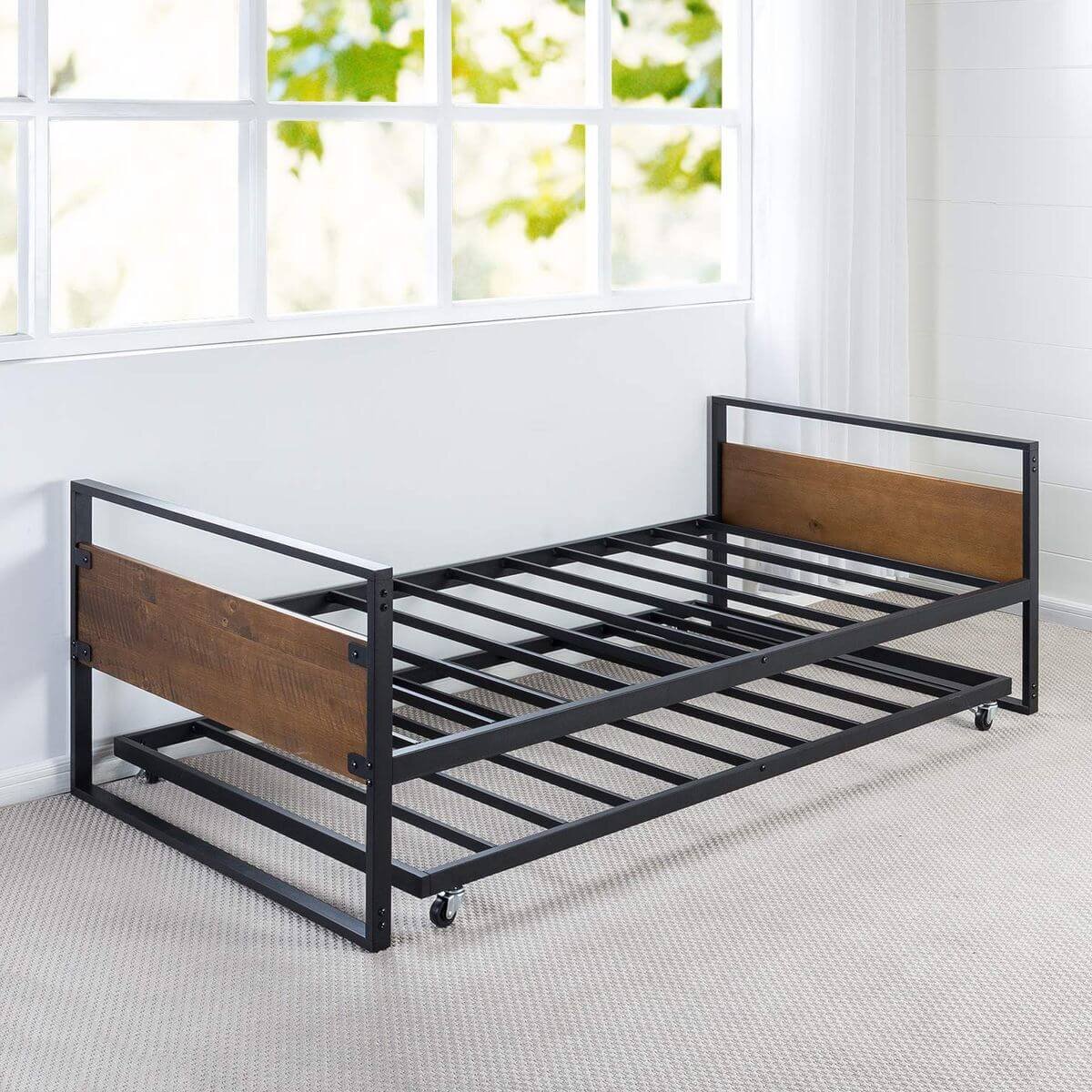 Zinus Ironline Single trundle bed frame set - black steel, daybed with hidden trundle - AU-IRDBS-39