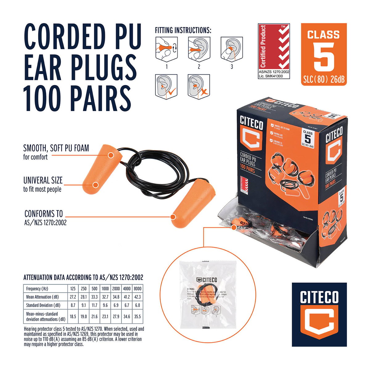 Citeco Class 5 PU Foam Corded Ear Plugs 100 Pairs Reusable