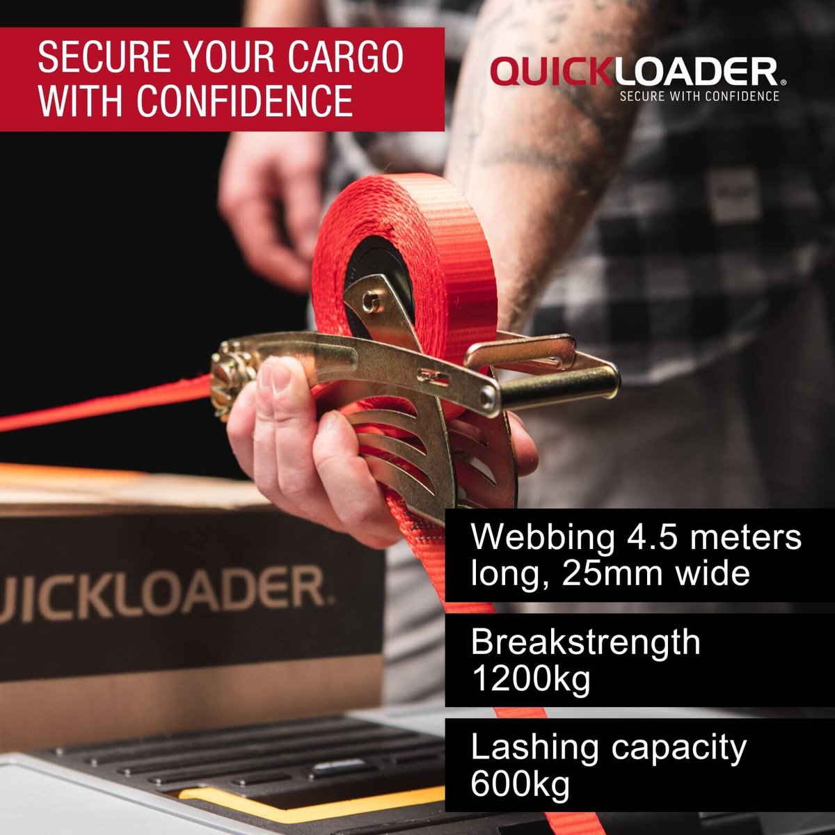 Quickloader Retractable Ratchet Tie Down Strap 4.5m x 25mm 600kg - 2 Pack