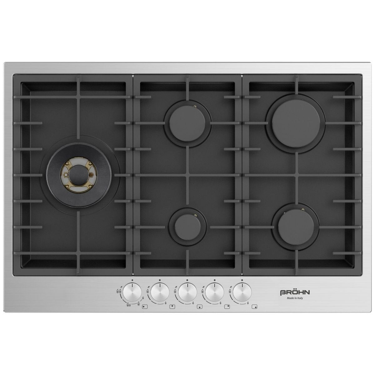 Brohn 75cm Stainless Steel Gas Cooktop - Black Enamelled Inner Panel, Defendi Wok Burner - BRGC756BSE