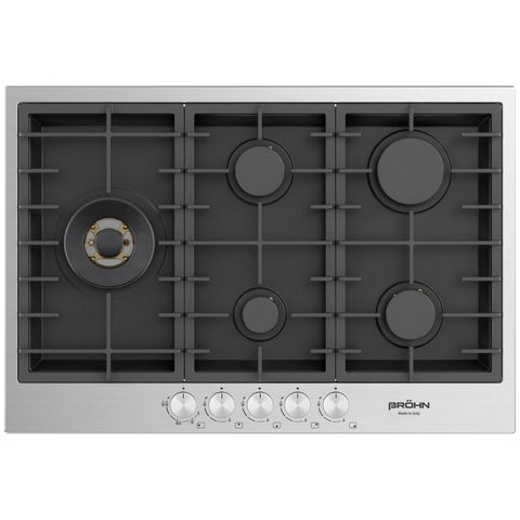 Brohn 75cm Stainless Steel Gas Cooktop - Black Enamelled Inner Panel, Defendi Wok Burner - BRGC756BSE