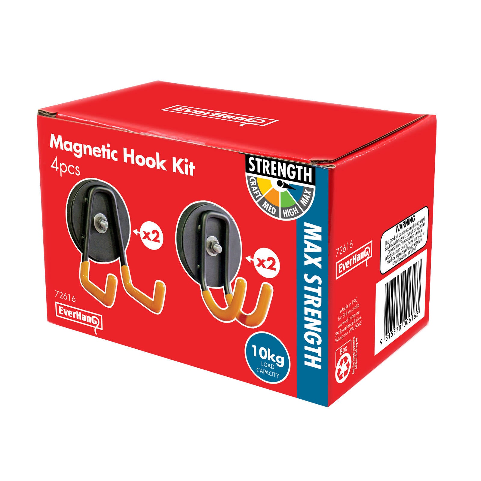 Everhang Magnetic Utility Hook Kit, 4 Pack, 10kg Pull Force, Orange/Black PVC