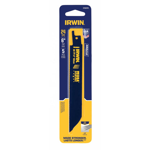Irwin 6in 24TPI Bi-Metal Thin Metal Cutting Reciprocating Saw Blade 5 Pack