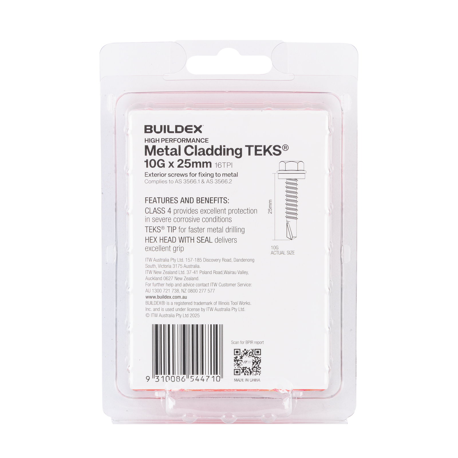 Buildex 10G x 25mm Class 4 Metal Cladding TEKS Screws with Seal - 50 Pack