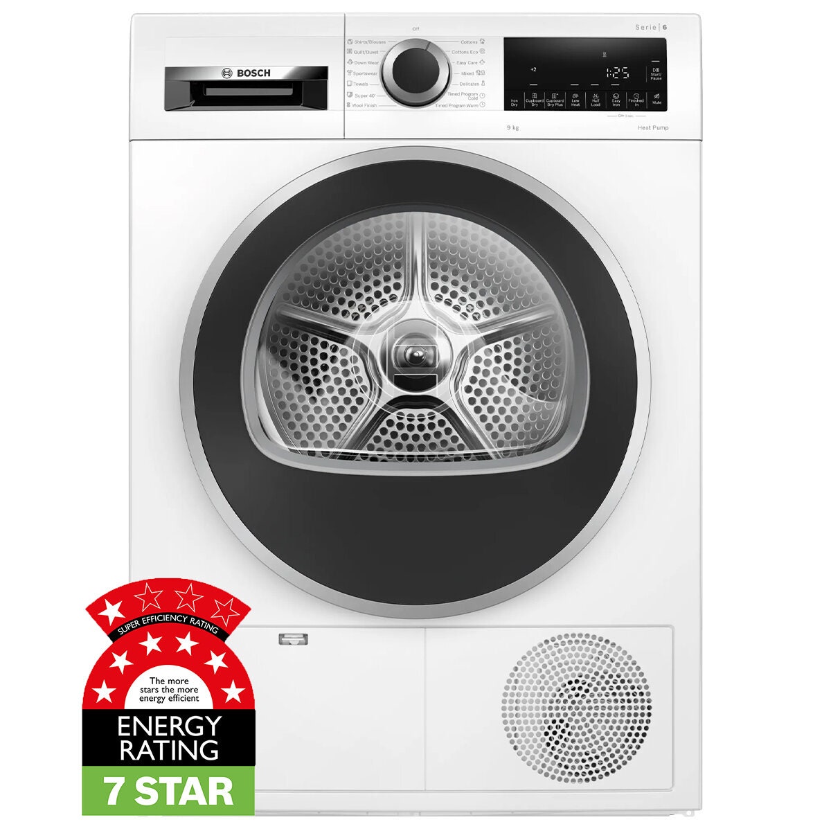 Bosch Series 6 9kg Heat Pump Dryer - 7 Star Energy Rating, ActiveAir, Quick 40 Minute Cycle - WQG24200AU
