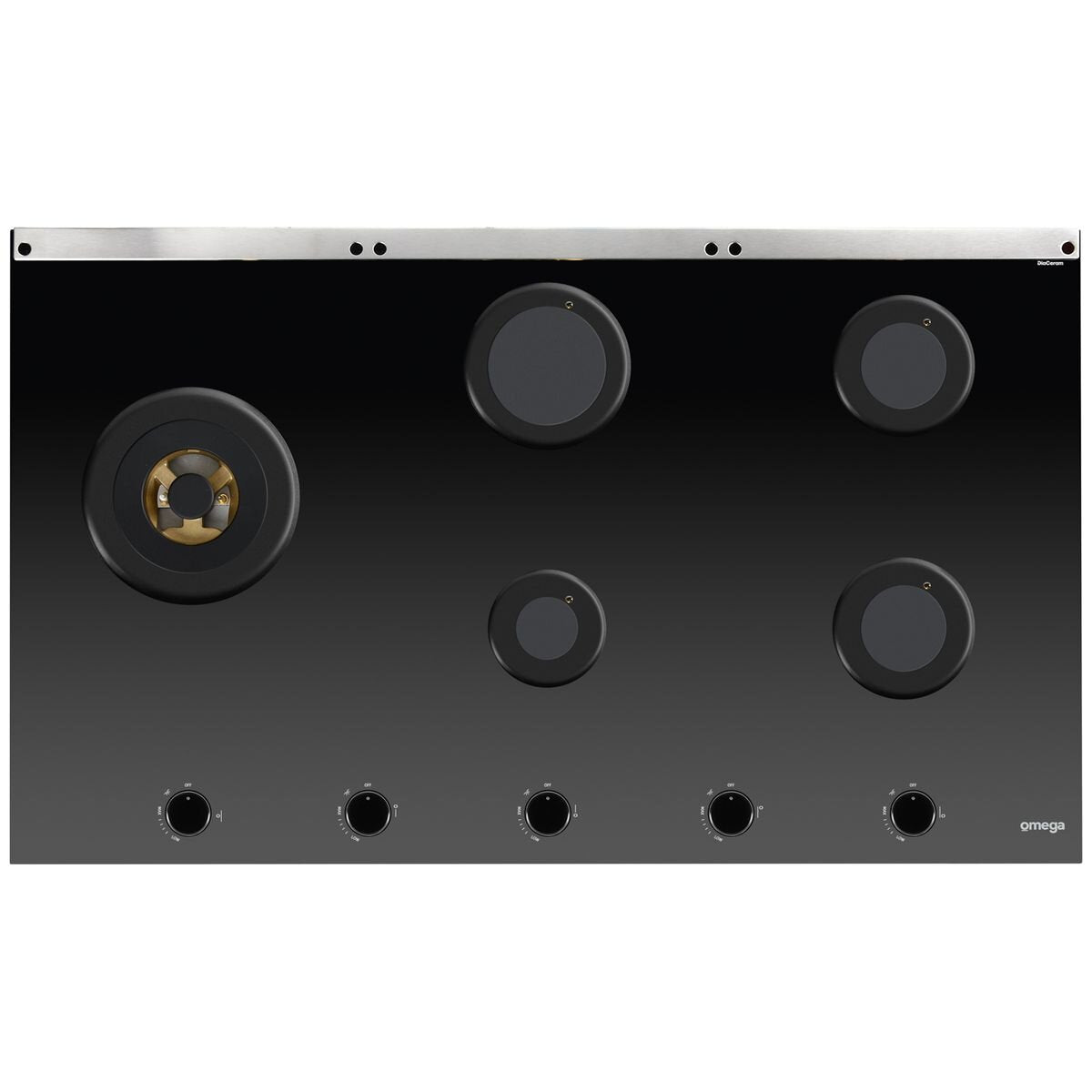 Omega 90cm Natural Gas Cooktop - Black Ceramic Glass, Five Burners, Wok Burner, Brass Burners - OCGG905WB