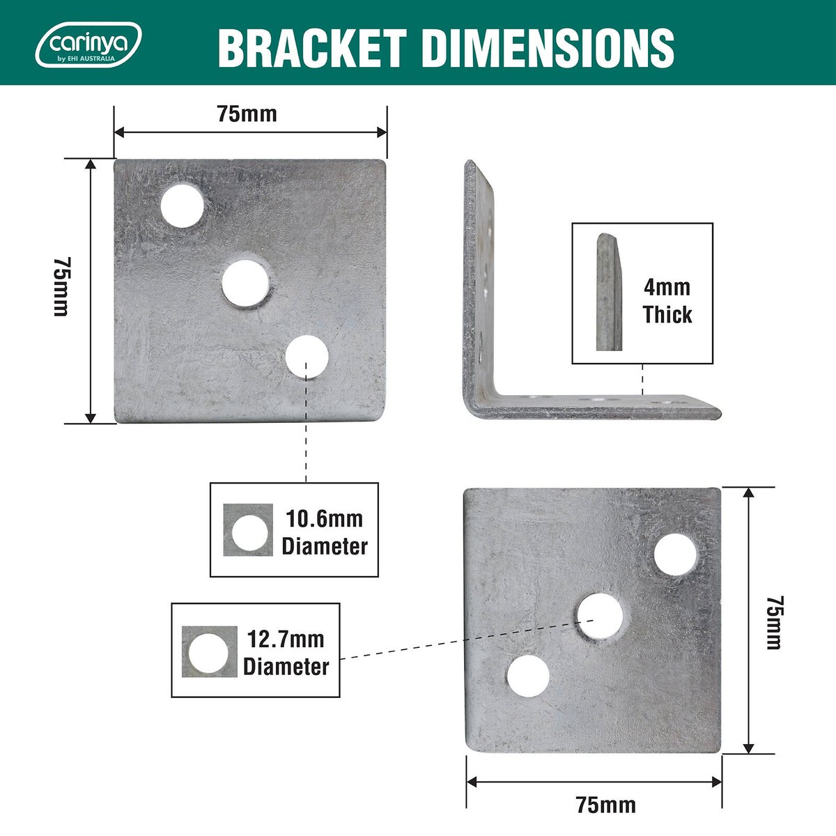 Carinya 75 x 75 x 75 x 4mm Hot Dipped Galvanised Reinforcing Angle Bracket 500kg