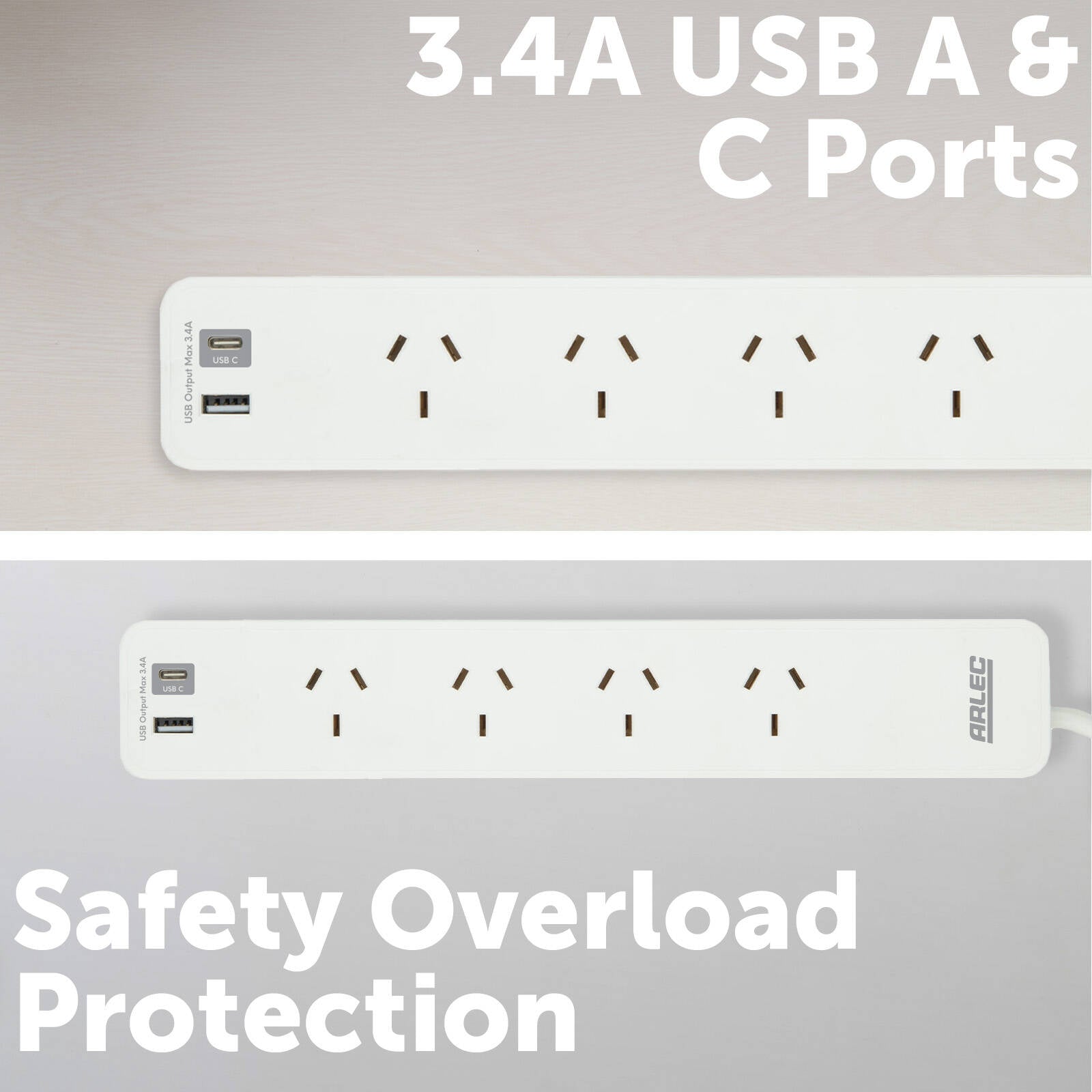 Arlec 4 Outlet Powerboard with USB Chargers 0.9m White PB4UC