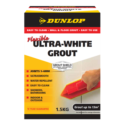 Dunlop Ultra-White Flexible Wall Grout 1.5kg - Sanded, Stain Resistant with Microban Protection