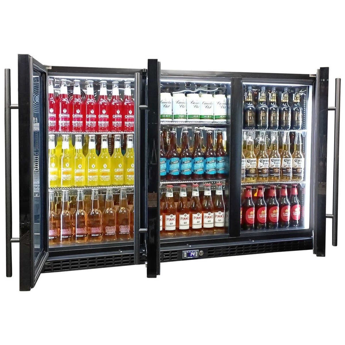 Schmick 399L Under Bench Black Heated Glass Fridge - 3 Doors, 6 Shelves, Lockable - SK386-B-HD