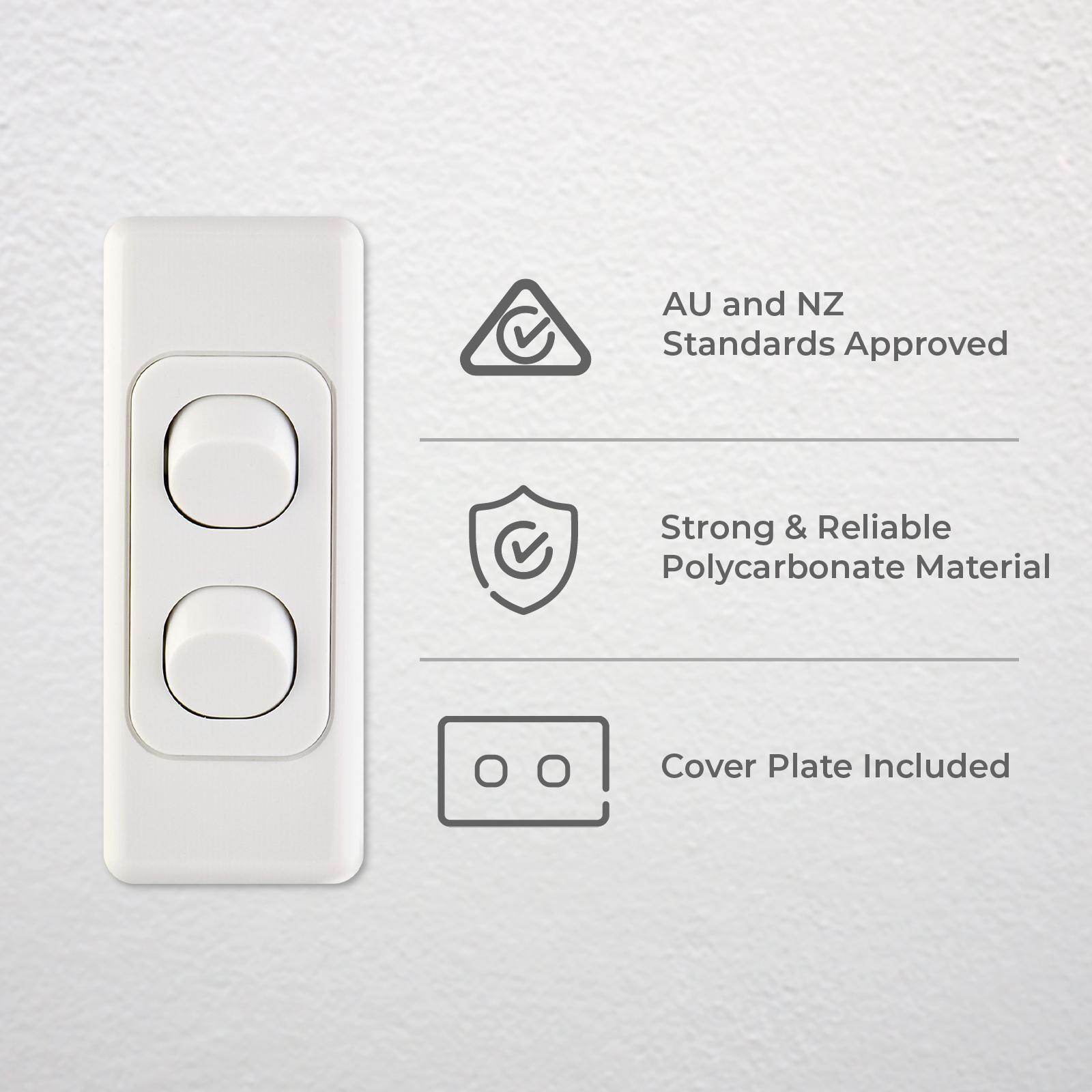 DETA Double Architrave Switch - White Polycarbonate Vertical 2 Switch 10A 240V