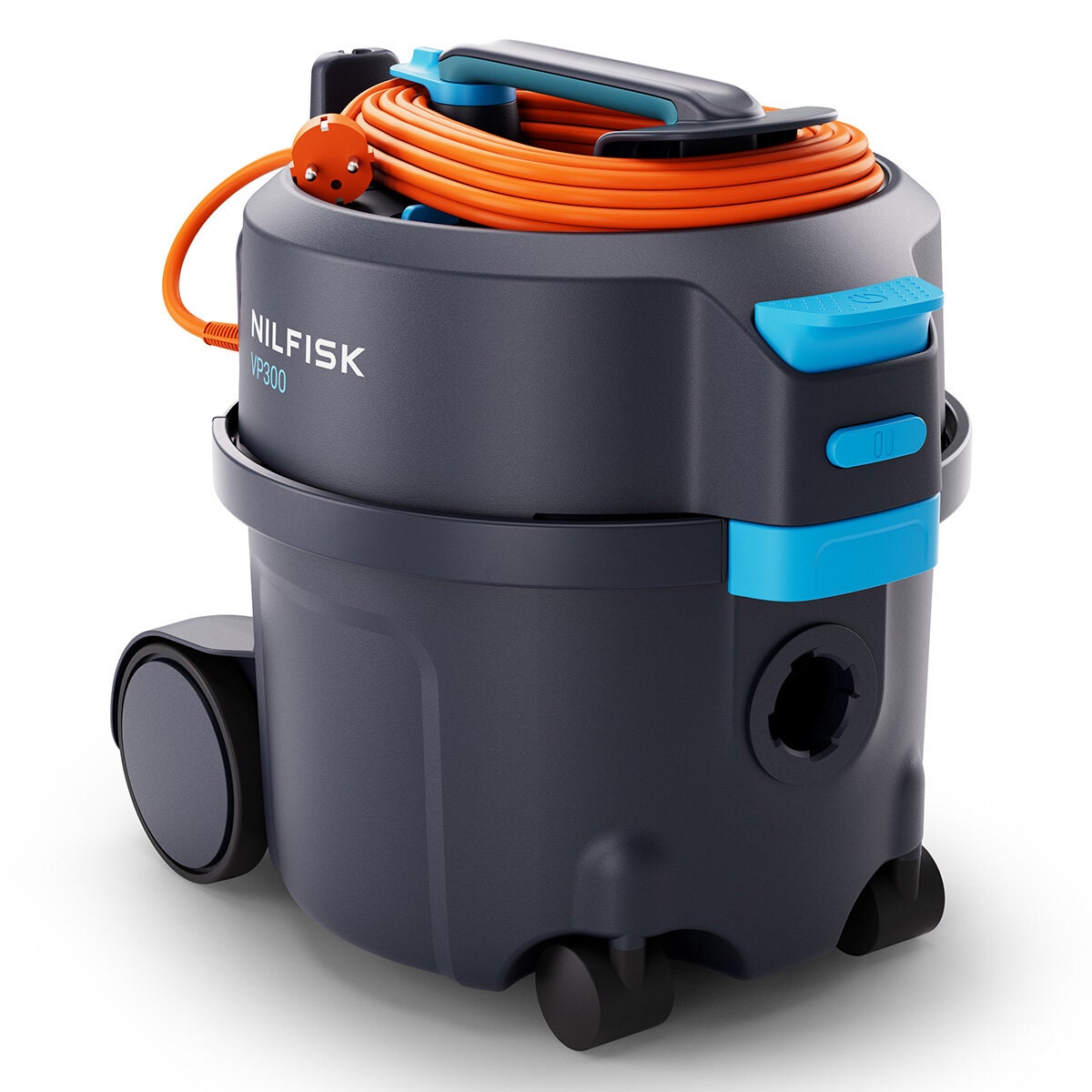 Nilfisk VP300 Eco Bagged Barrel Vacuum Cleaner - 1200W, 57dB, 10m Cord, Black and Blue - 107421152