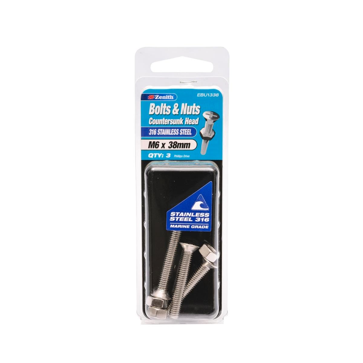Zenith M6 x 38mm 316 Stainless Steel Countersunk Head Bolt and Nut 3 Pack
