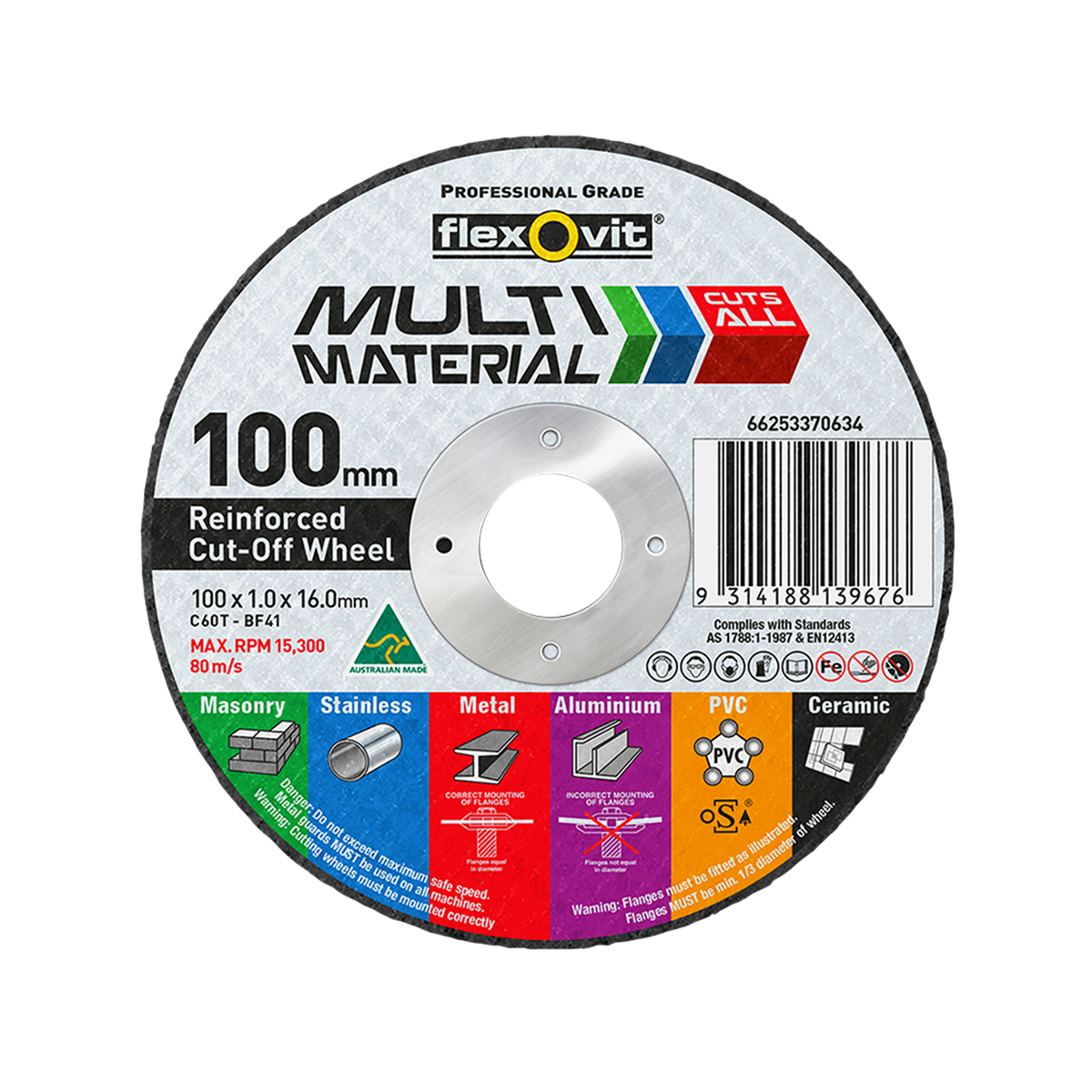 Flexovit 100 x 1 x 16mm Multi Material Reinforced Cut Off Wheel - Silicon Carbide