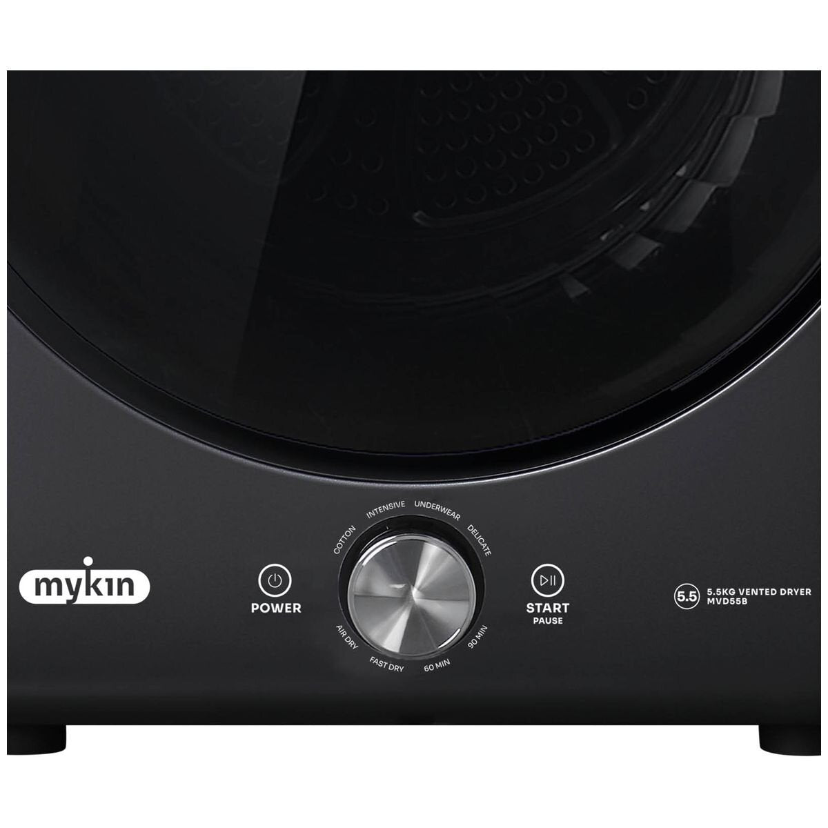 Mykin 5.5kg Vented Dryer - Sensor Drying, 8 Programs, Reverse Tumble, Wall Mountable, Black - MVD55B