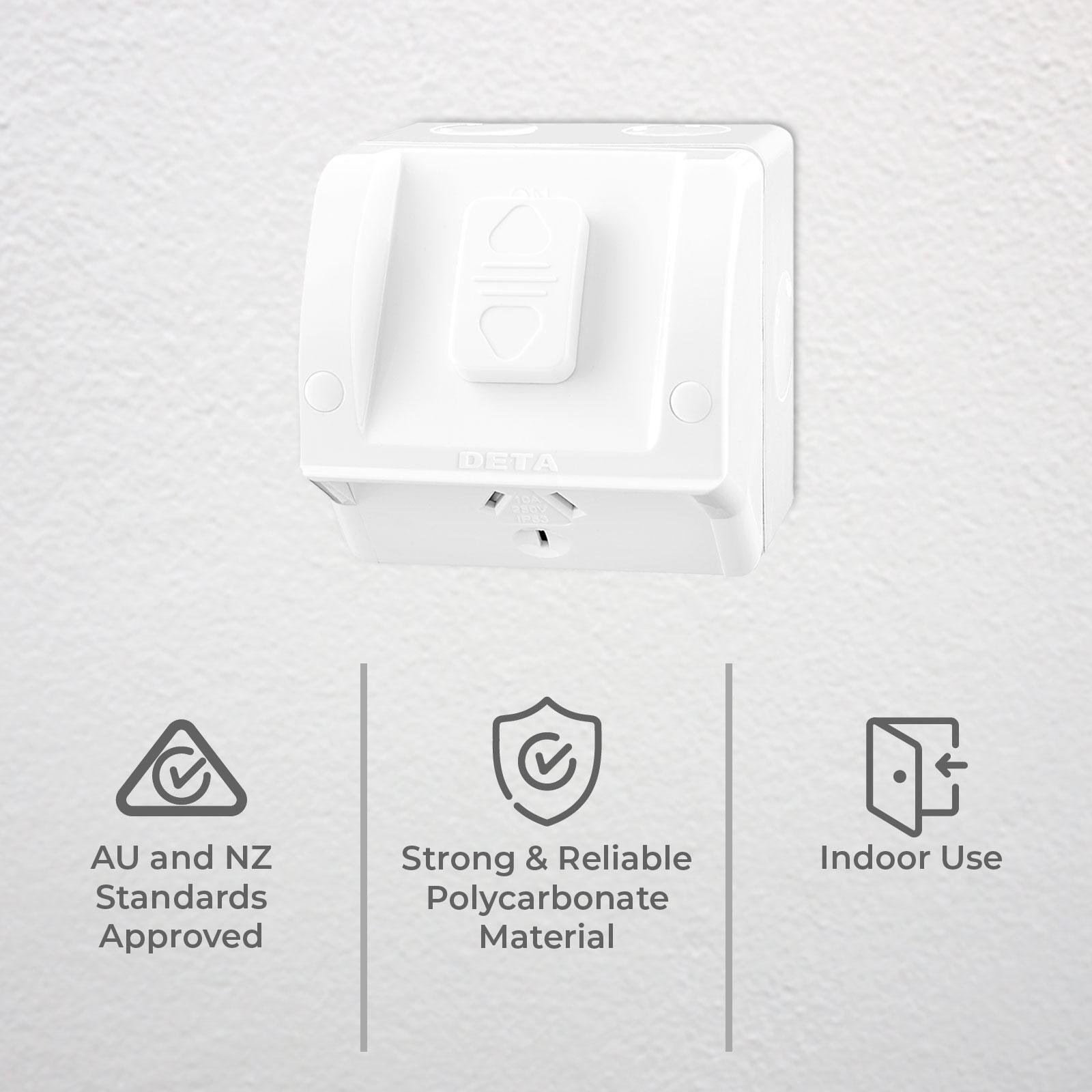 DETA Rhodium Plated Single Outdoor Powerpoint, 240V 10A, White Polycarbonate, IP54