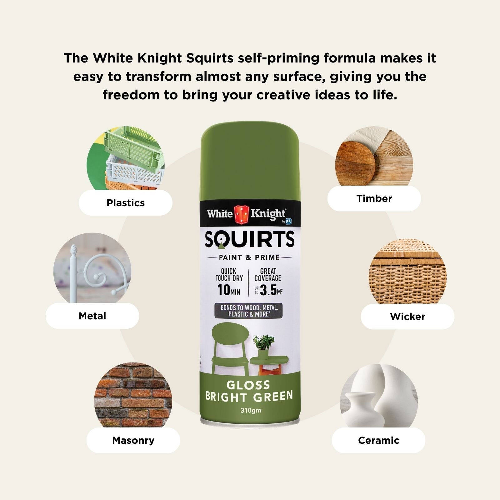 White Knight Squirts Bright Green Gloss Spray Paint 310g - Solvent-Based, UV Resistant