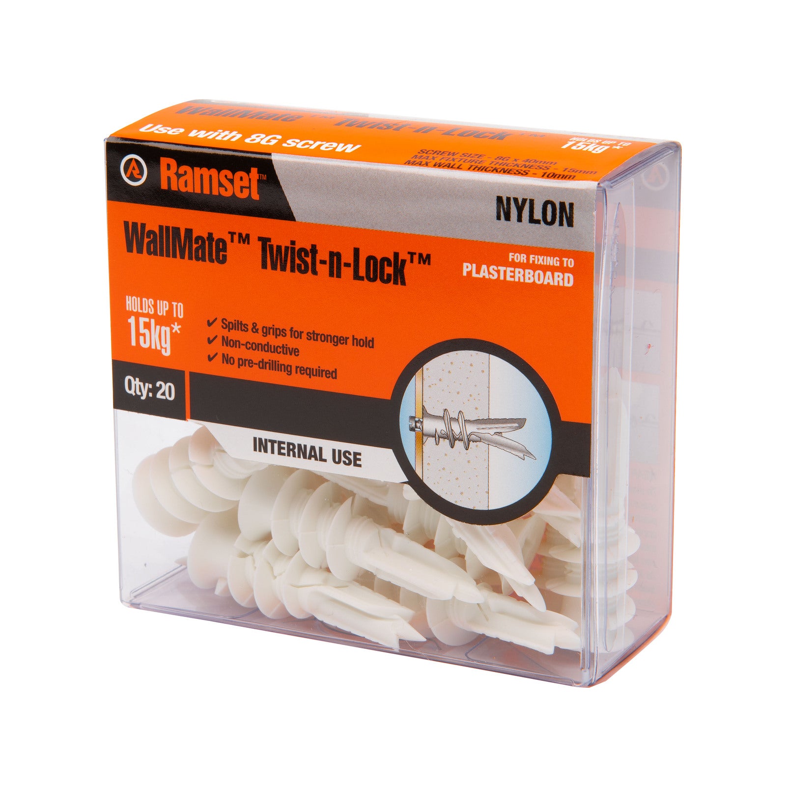 Ramset WallMate Twist N Lock Nylon Plasterboard Anchor, White - 20 Pack