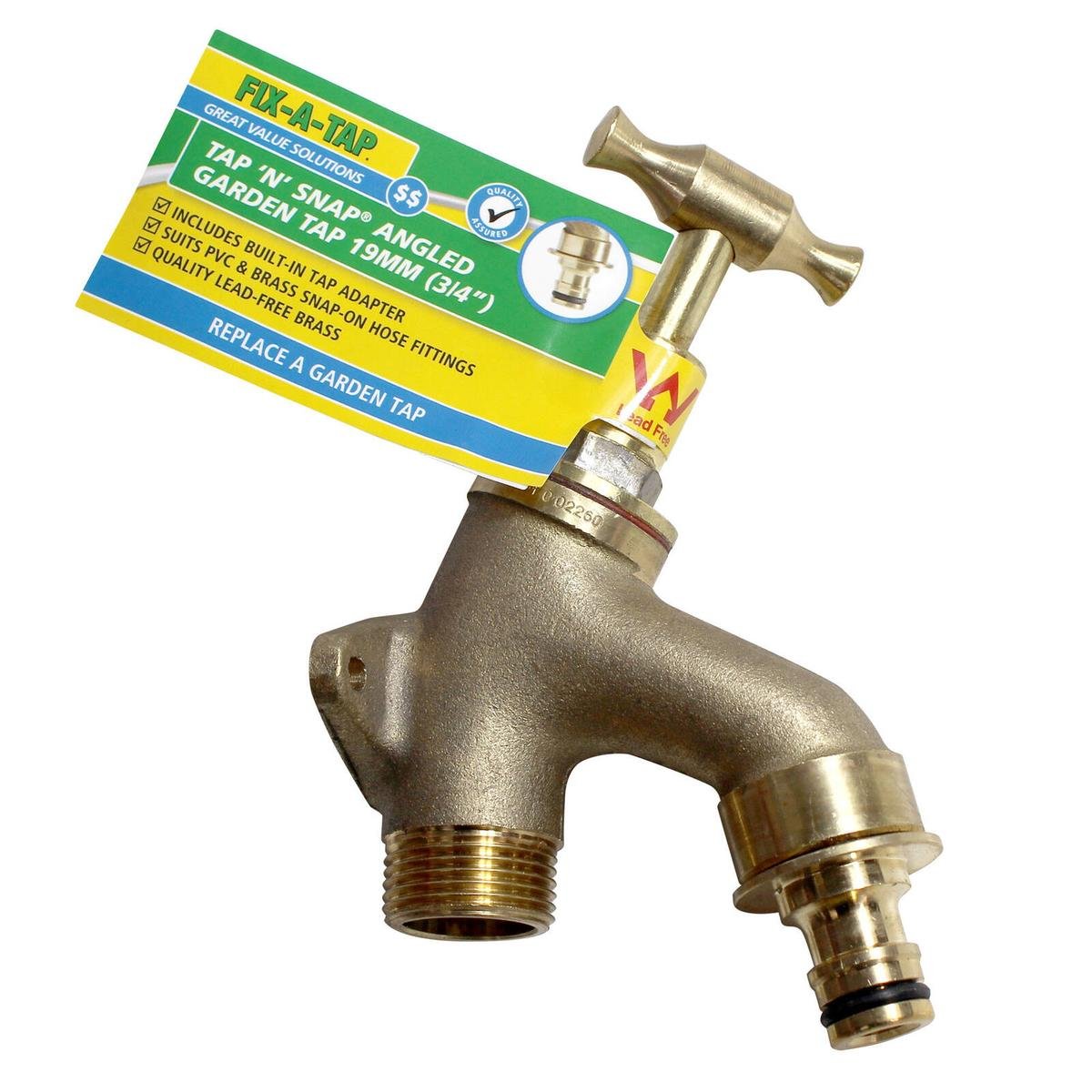 Fix-A-Tap Garden Tap 'N' Snap 19mm 3/4" Brass T-Handle Angled with Back Plate