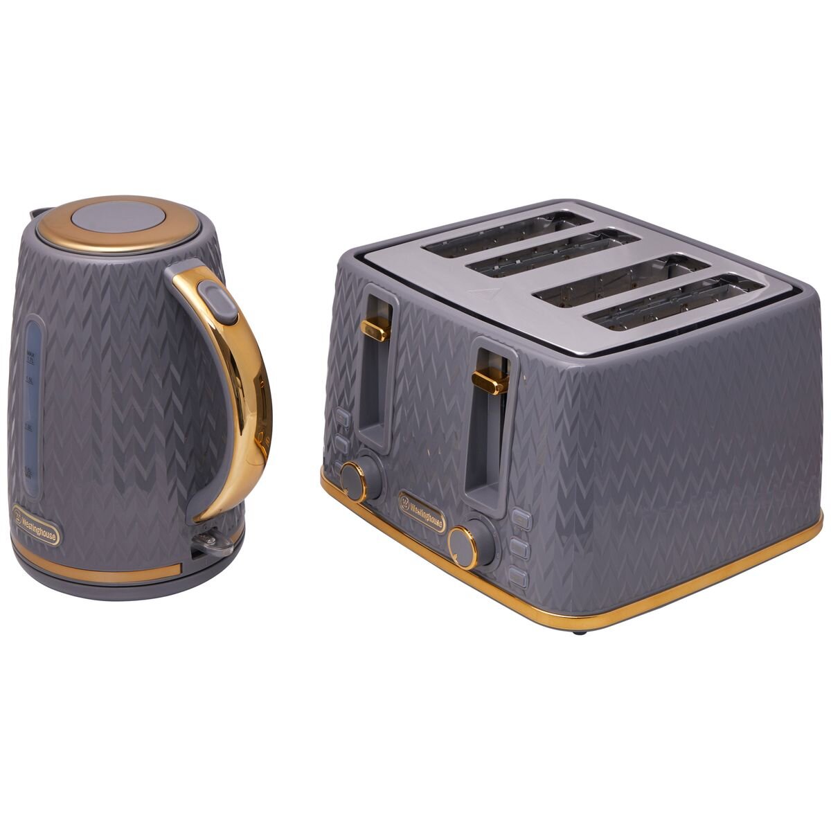 Westinghouse Kettle and Toaster Pack - 1.7L Rapid Boil Kettle, 4 Slice Toaster, Grey Gold - WHKTPK13GG