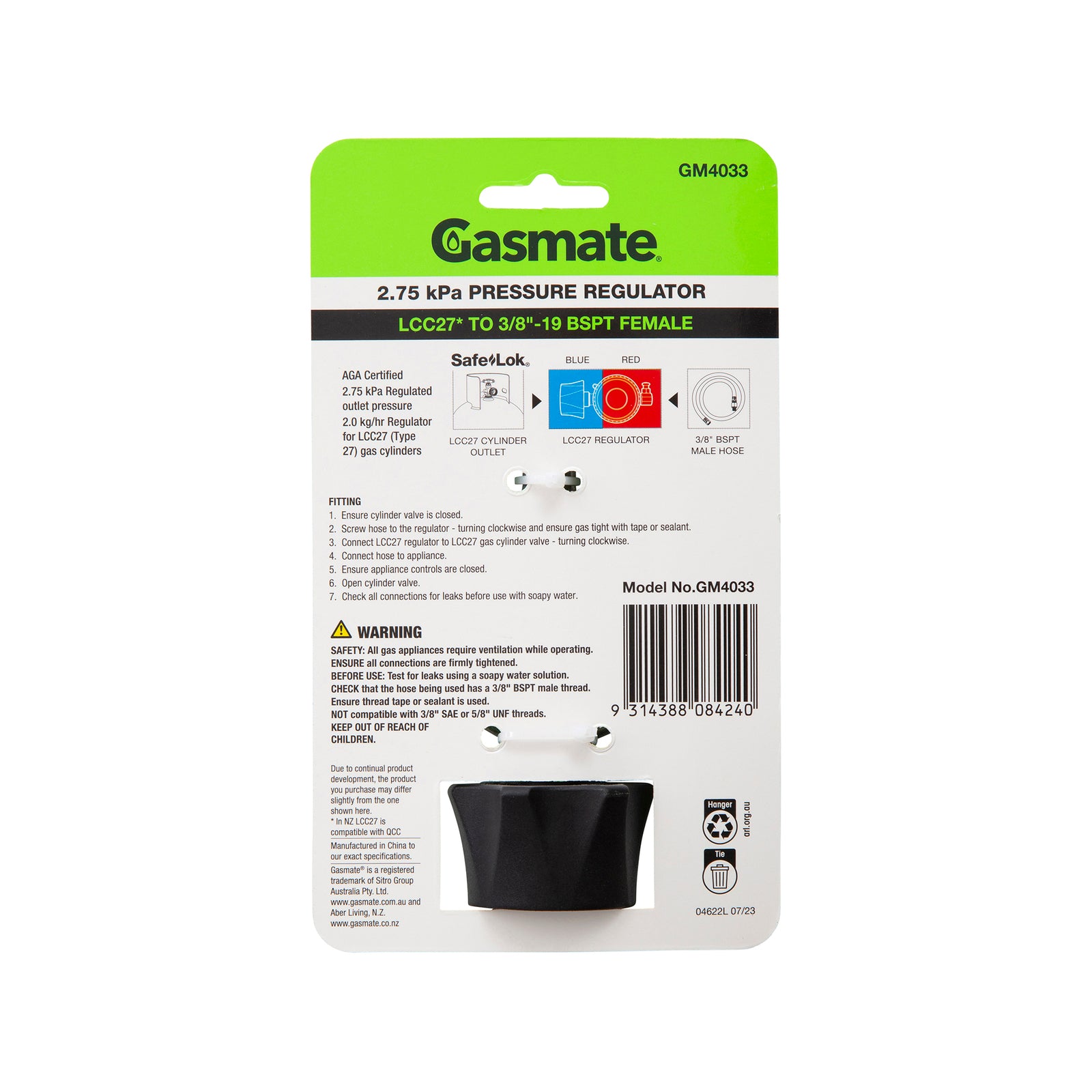 Gasmate 2.75 kPa Pressure Regulator LCC27 to 3/8" BSPT Cylinder Connector