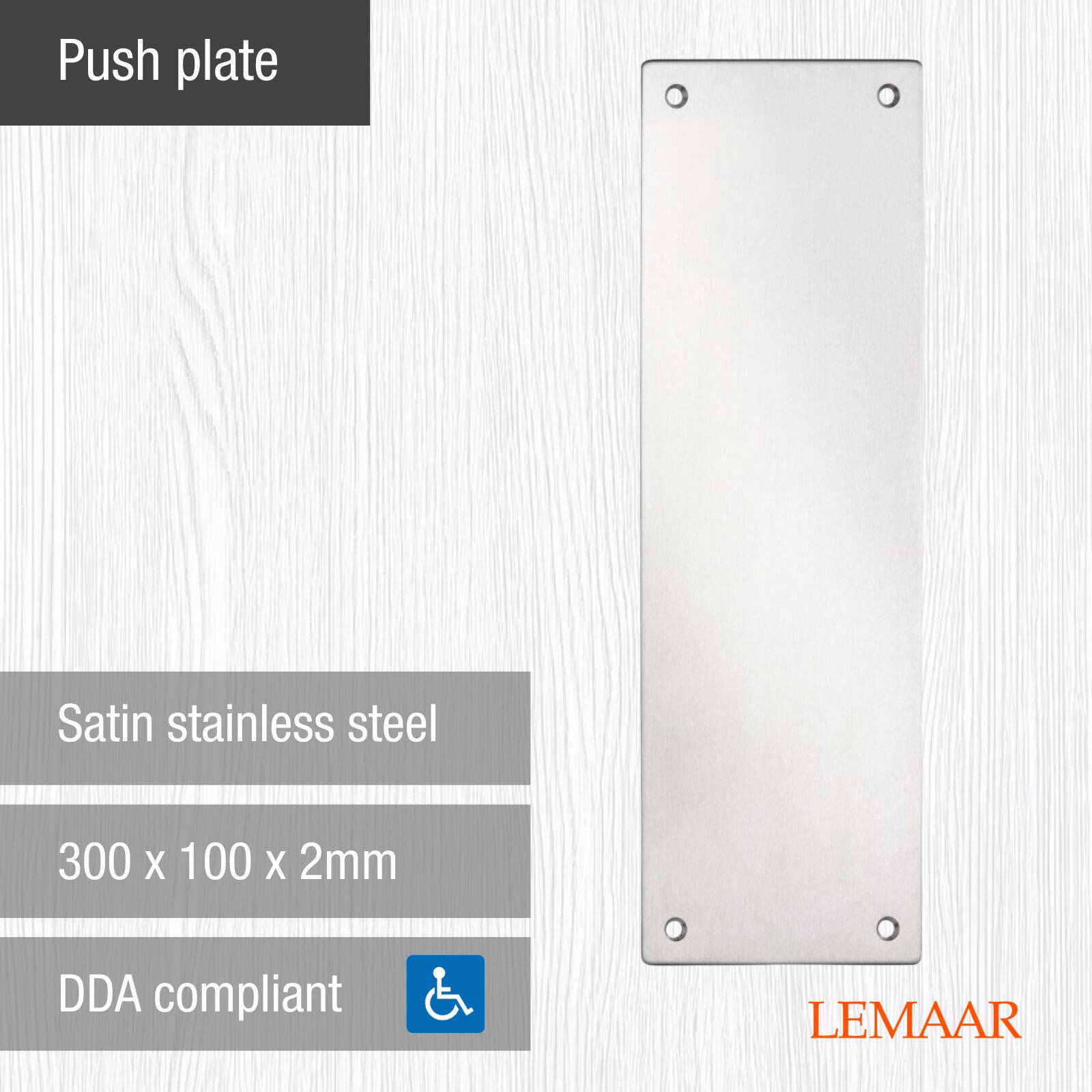 Lemaar 300 x 100 x 2mm Push Plate, 304 Satin Stainless Steel, DDA