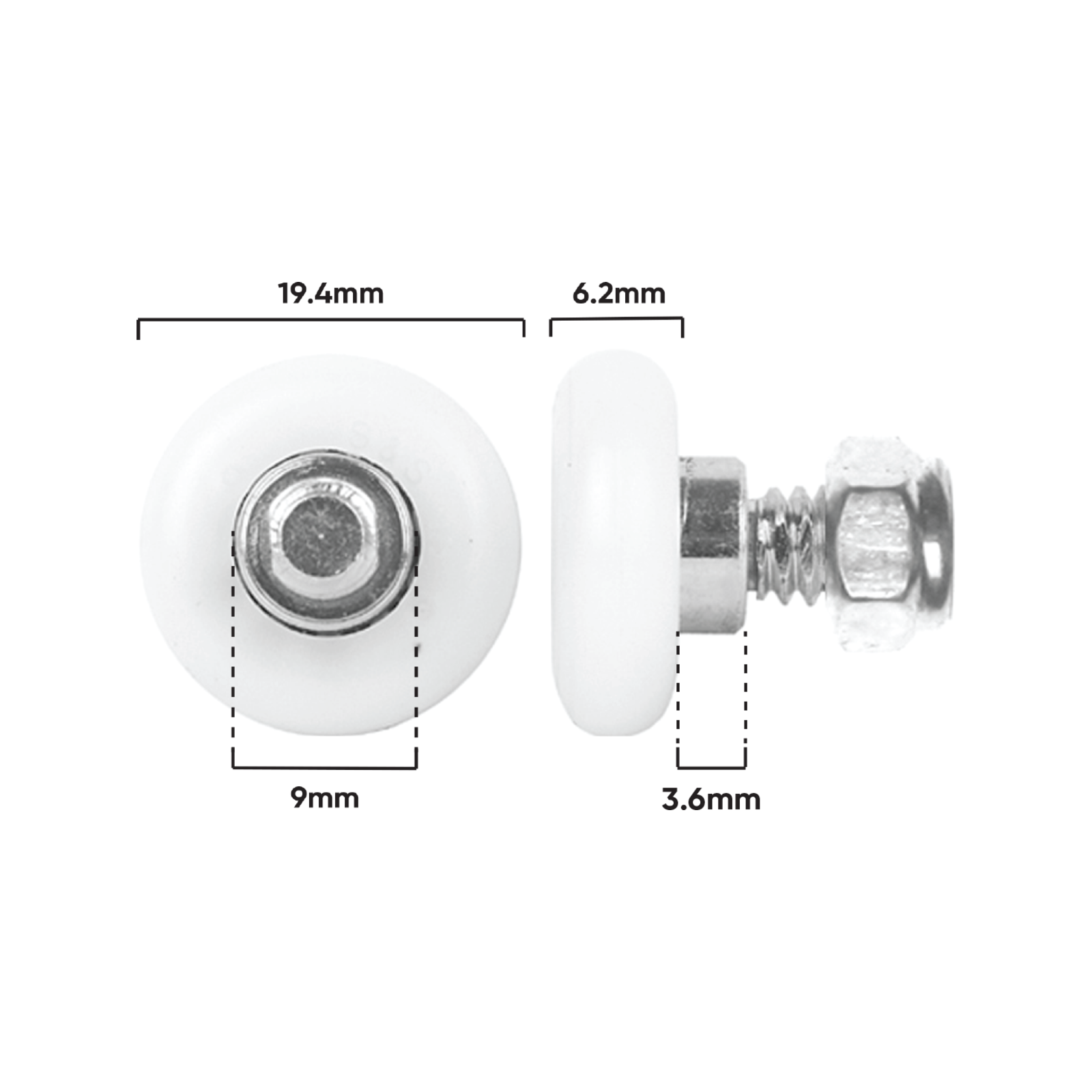Rolltrak 19mm White Acetal Convex Roller with Threaded Stud, Wardrobe Door