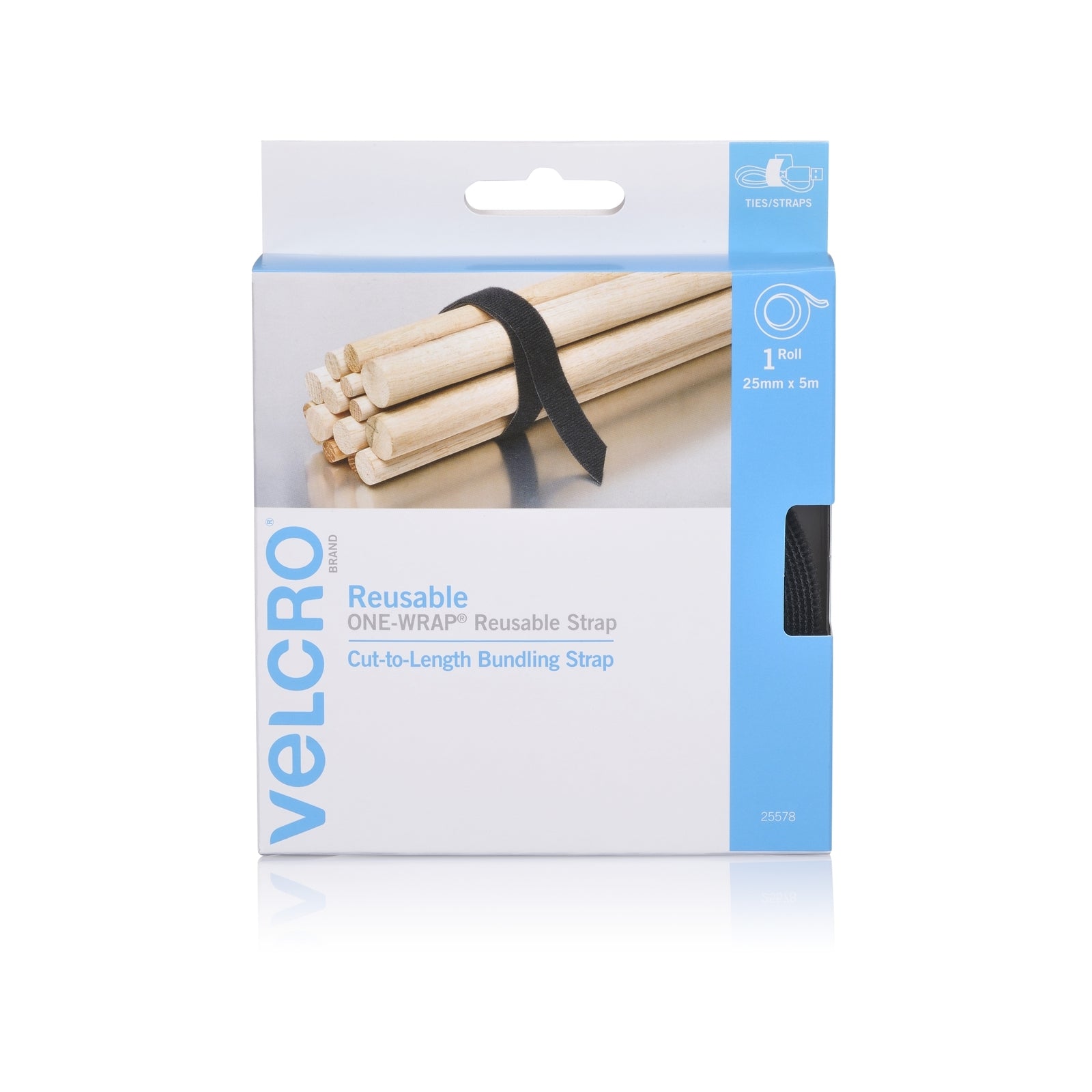 Velcro Brand Reusable Wrap, 25mm x 5m, Black, Hook and Loop, Indoor