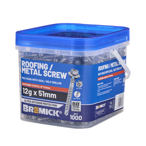 Bremick Metal Hex Screw 12g x 51mm - Box of 1000 - Watertight Seal - Corrosion Resistant - SuperSaverAU - view 1