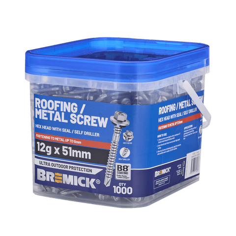 Bremick 12G x 51mm Roofing/Metal Hex Screw with Seal, Drill Point Fine Thread - 1000 Box