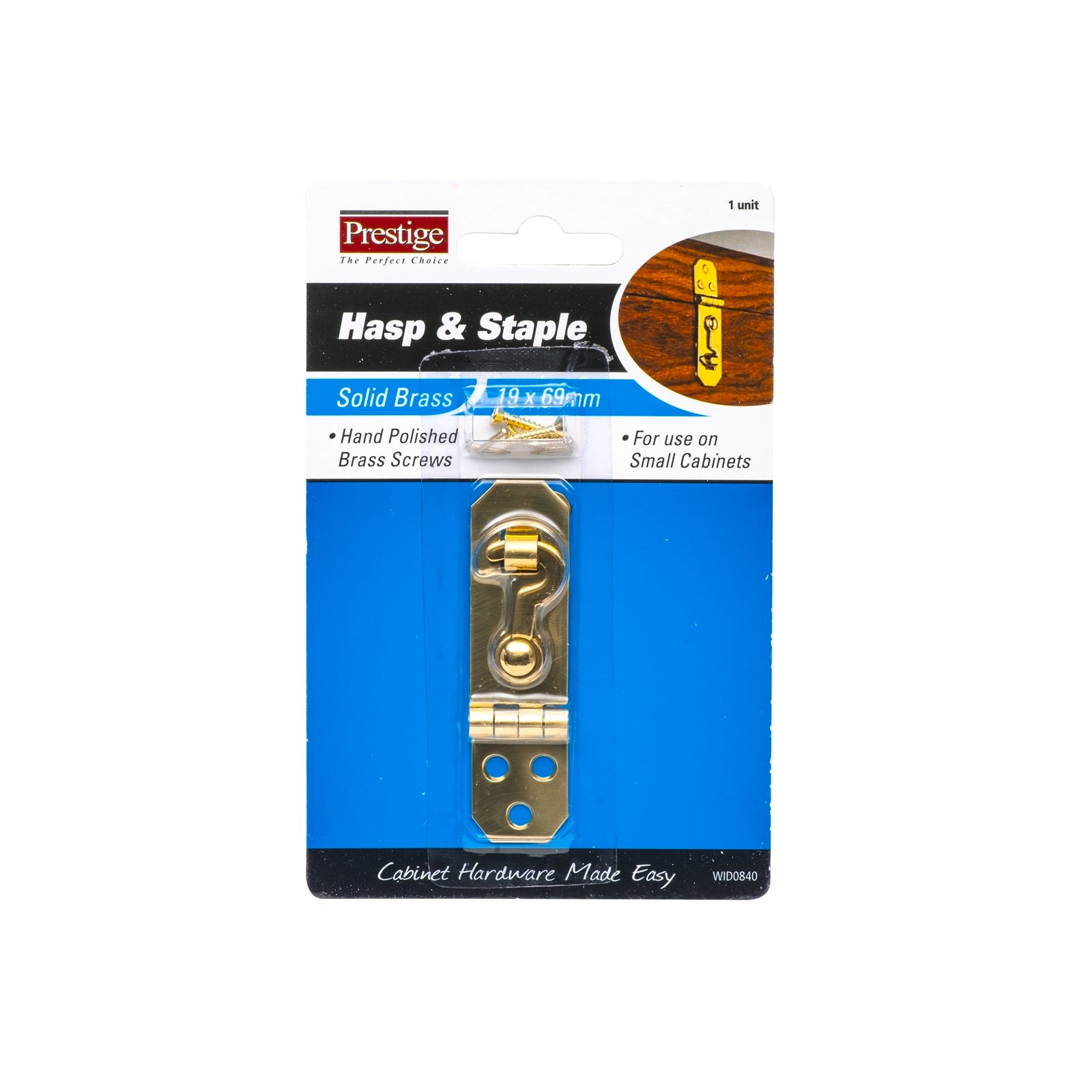 Prestige 19 x 69mm Solid Brass Hasp and Staple, Polished Brass Finish