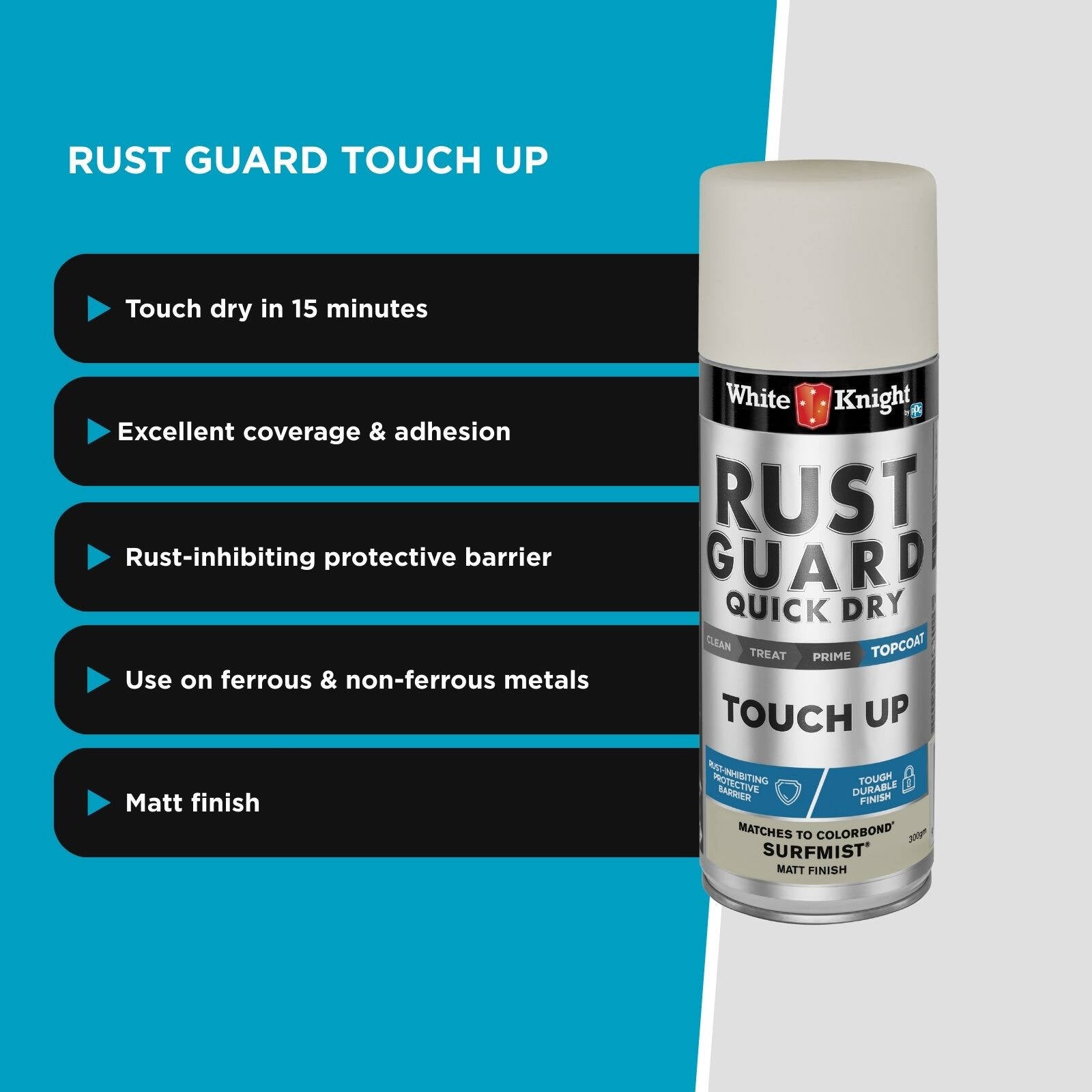 White Knight Rust Guard Surfmist Matt Touch Up Spray Paint 300g